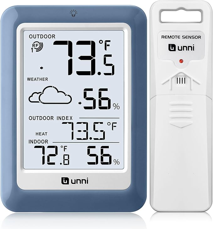 Indoor Outdoor Thermometer Hygrometer Wireless Weather Station, Temperature Humidity Monitor Battery Powered Inside Outside Thermometers with 330ft Range Remote Sensor(Blue) by UUNNI