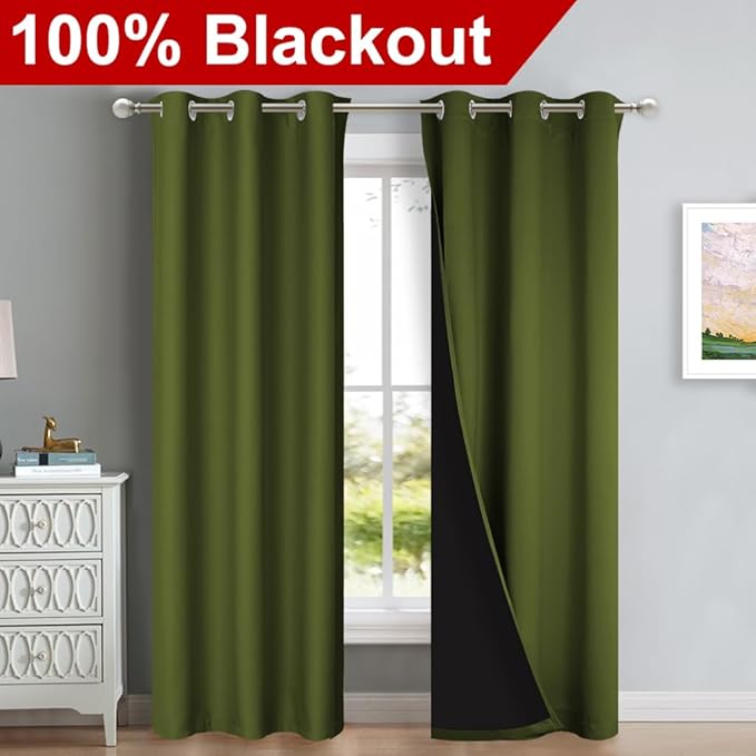 NICETOWN Blackout Curtains 80 inches Long, 2 Pieces, 42" Wide Each Panel, Olive Green, Full Light Blocking Drapes with Black Liner for Nursery, Thermal Insulated Draperies for Hall, Villa - Image 2