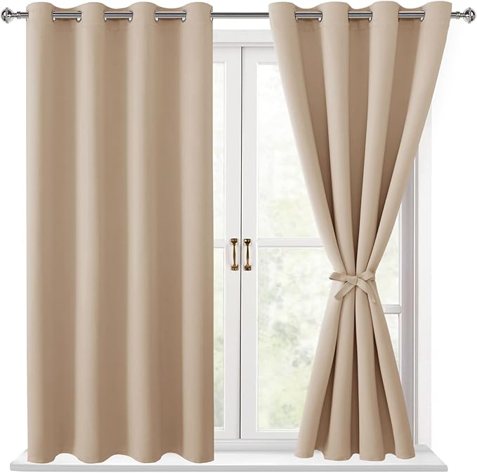 Hiasan Blackout Curtains for Bedroom - Thermal Insulated & Light Blocking Window Curtains for Living Room/Kids Room, 2 Drape Panels Sewn with Tiebacks, Beige, 52 x 45 Inch by Hiasan