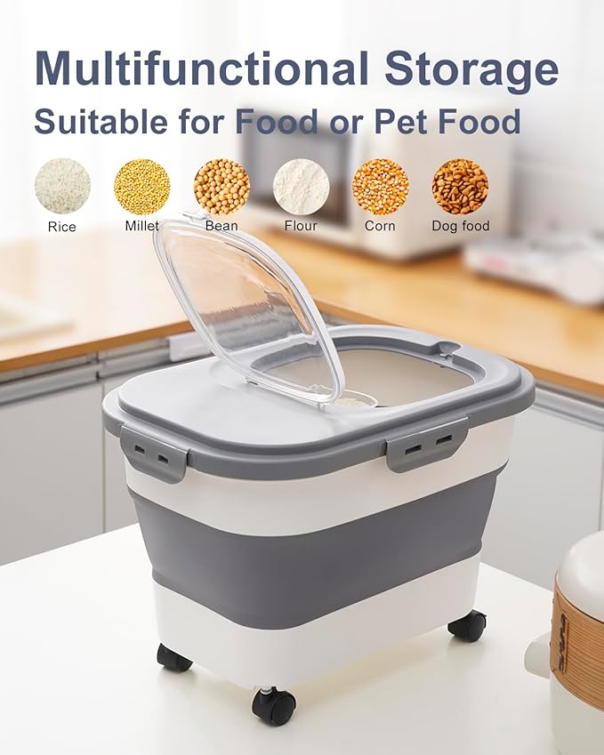 20-30 Lbs Rice Storage Container,Collapsible Food Storage Containers with Rolling Wheel Airtight Locking Lid,Flour Storage Container with Cup and Scoop,Suitable for Food,Rice,Pet Food,Flour - Image 7