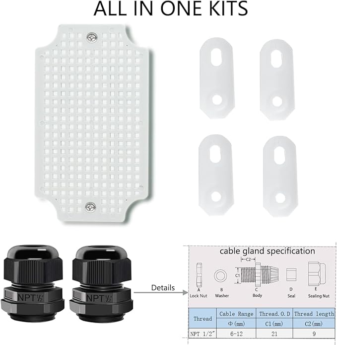 Junction Box, Hinged Cover IP67 Waterproof ABS Project Box with 2 NPT 1/2" Cable Gland, Electrical Box Enclosure with Mounting Plate & Wall Bracket 5.9 x 3.9 x 2.8inch(150x100x70mm) - Image 6