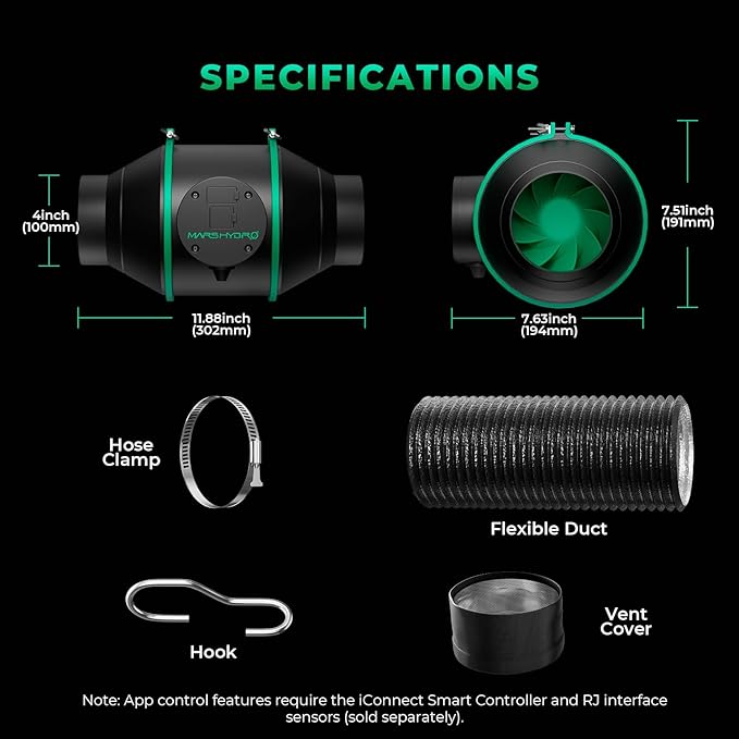 MARS HYDRO iFresh 4 Inch Smart Inline Fan Combo, with Variable Speed Controller, for Heating Cooling Booster, Grow Tents - Image 9