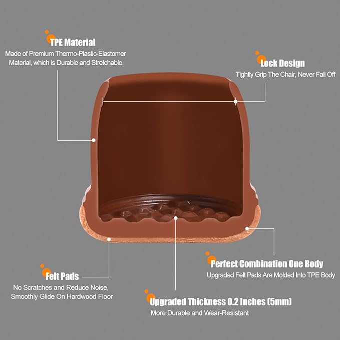 Ezprotekt 24 Pcs Square Chair Leg Floor Protectors with Felt, Silicone Felt Furniture Pads Cups for Hardwood Floor, Dining Table Leg Caps Covers No Scratches (L Fit: 1" to 1.4", Brown) - Image 4