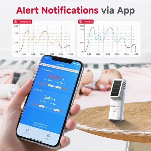 BaldrTherm Solar Bluetooth Thermometer & Humidity Monitor, Wireless Thermometer with Date Storage, Real-Time Alerts, 262 Feet Connecting Range, Apply for Room Greenhouse, Pet Cages, 1pack - Image 4