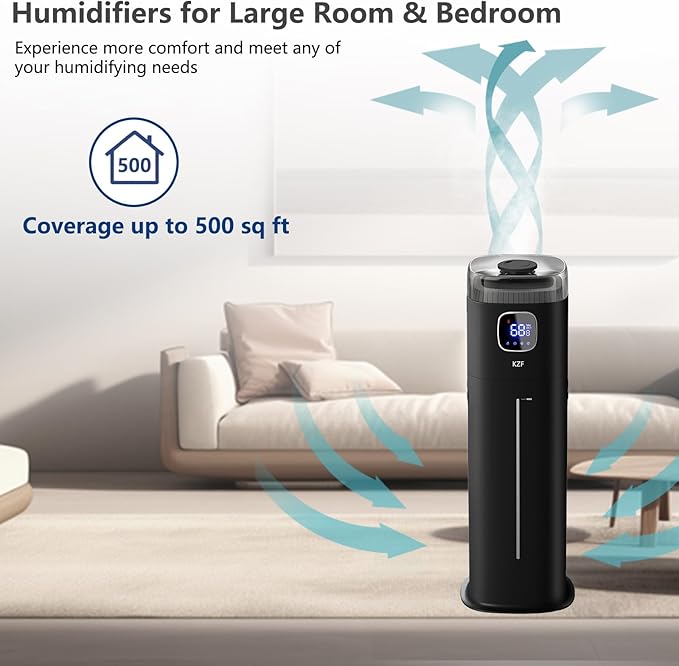 KZF Large Humidifier for Bedroom, 9L/2.5Gallon Ultrasonic Cool Mist Humidifier with Humidistat, 360°Nozzle, 350ML/H Big Mist Level, Suitable for Kids Room Livingroom Yoga Office Plant - Image 6