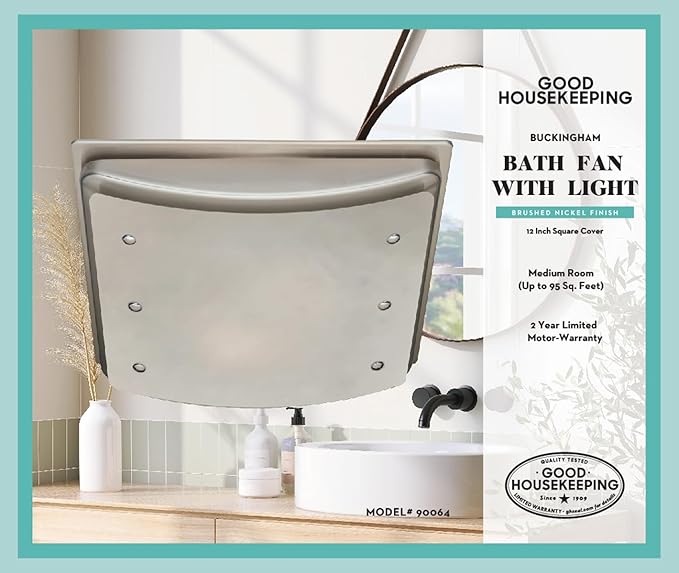 Good Housekeeping 90064 Buckingham Decorative Bathroom Ventilation Exhaust Fan with Light and Nightlight, Medium, Brushed Nickel - Image 2