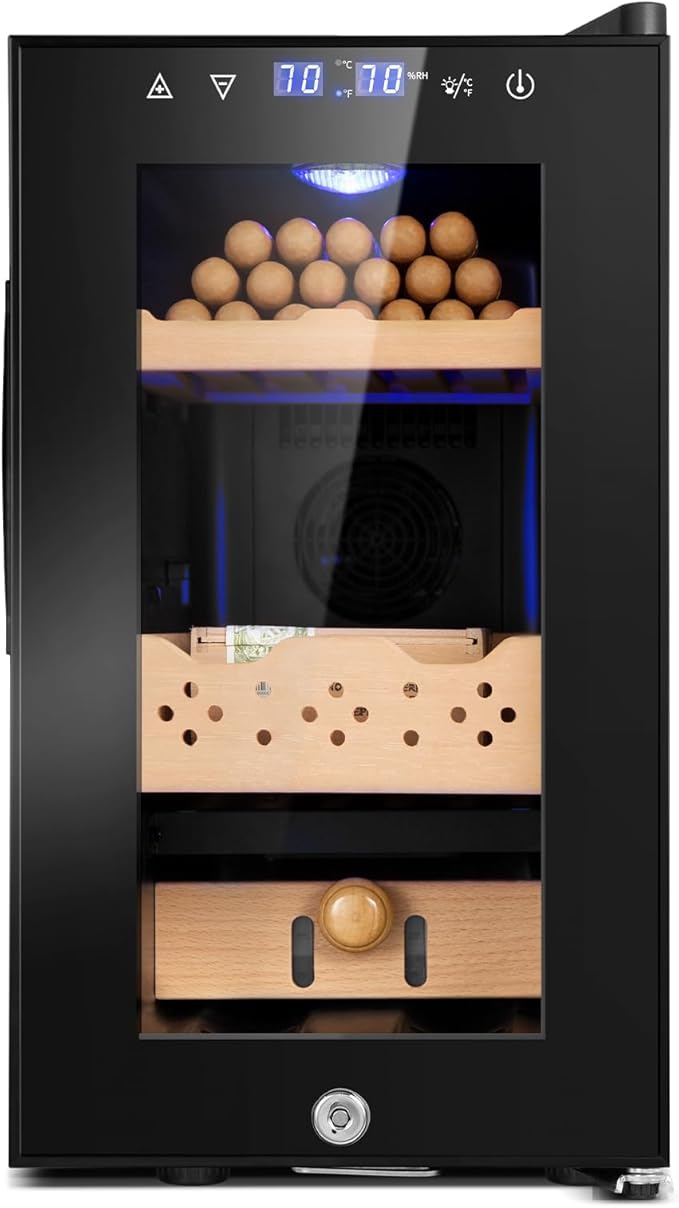 Electric Cooler Cabinet 25L with Temperature and Humidity Control, Spanish Cedar Wood Shelves and Safety Lock (180 Counts Capacity), Gift for Men by FoMup