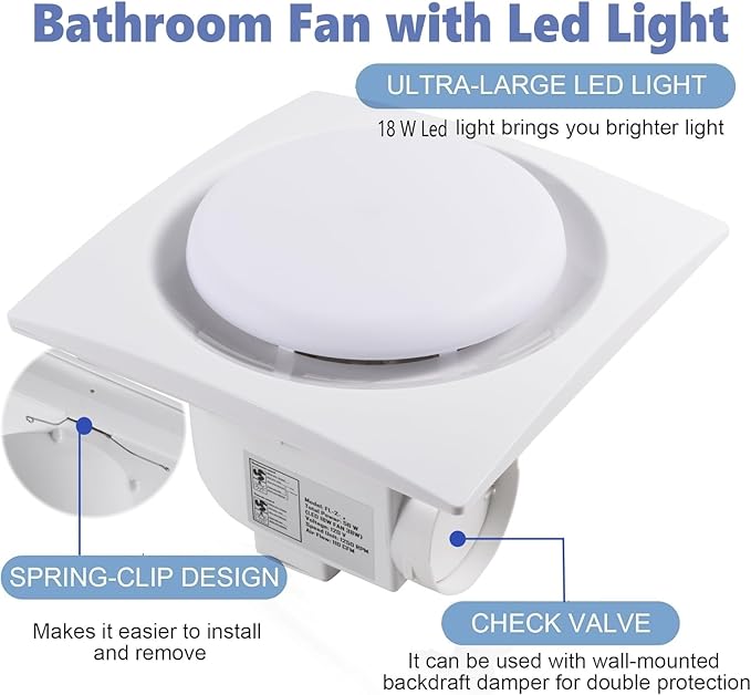 Nalle Ventilation Fans Bathroom Exhaust Fan with Light 12 inch Panel 6000K 18W Round LED 110 CFM 1.0 Sones 4 Inch Duct,110V Ceiling Mount Exhaust Fan for Shower,Bathroom,Office,Home (YFL-250) - Image 2
