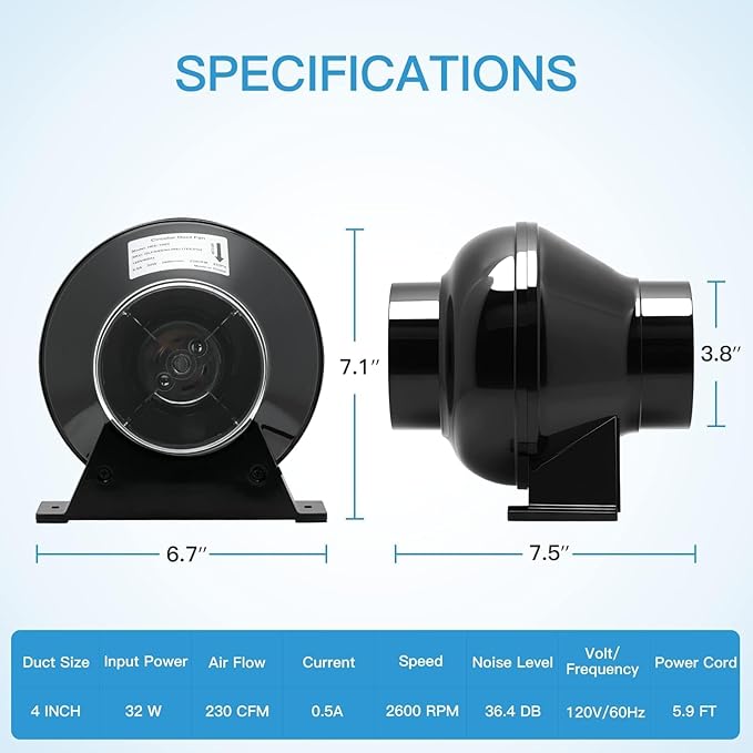 iPower 4 Inch 195 CFM Inline Fan Circulation Vent Blower, Upgrade 4" Air Carbon Filter with Prefilter and 8 Feet Aluminum Ducting, for Grow Tent Hydroponics Ventilation - Image 4