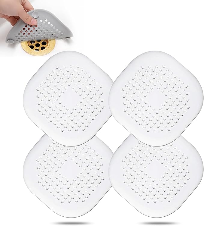 Hair Drain Catcher,Square Drain Cover for Shower Silicone Hair Stopper with Suction Cup,Easy to Install Suit for Bathroom,Bathtub,Kitchen 4 Pack (Pure White) by Bovinde