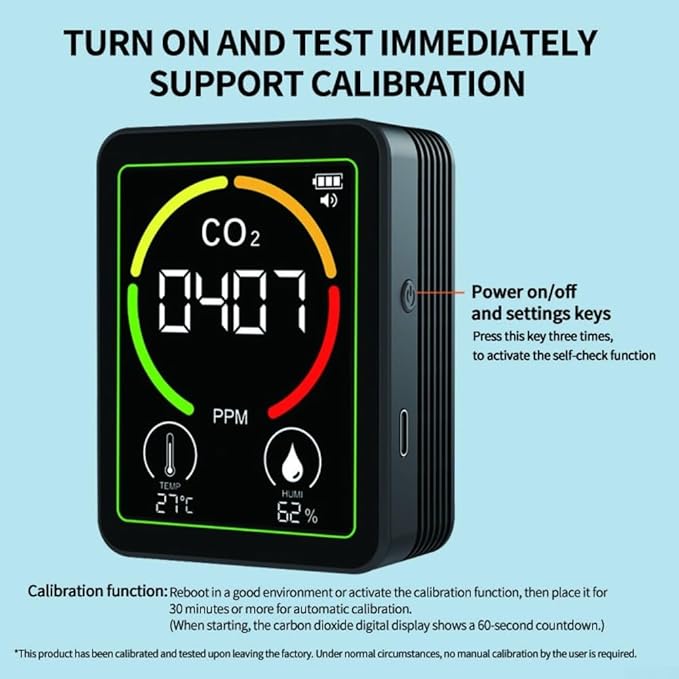 Air Quality Monitor Indoor-Portable Indoor Air Quality Meter, 3-in-1 Indoor Air Quality Monitor with Carbon Dioxide Detector, Temperature and Humidity Sensor, LCD Display(Black) - Image 4