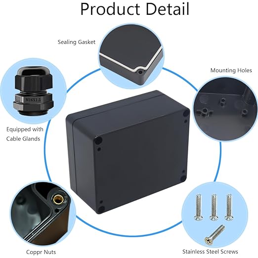 Junction Box IP65 Waterproof ABS Plastic Electrical Project Case Power Junction Boxes, Project Box with 4 PCS M16 Cable Glands 4.53x3.54x2.17 inch (115 x 90 x 55 mm) - Image 5