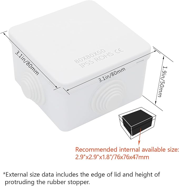 LeMotech Junction Box, ABS Plastic IP55 Water Resistant and Dustproof, Universal Electrical Enclosure, Outdoor and Indoor Project Box, 3.1" x 3.1" x 1.9", White - Image 2