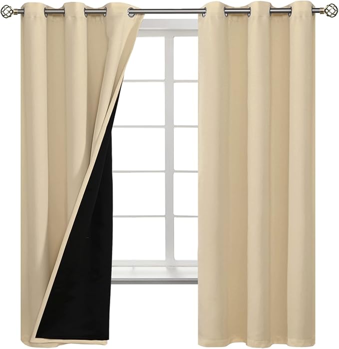 BGment Thermal Insulated 100% Blackout Curtains for Bedroom with Black Liner, Double Layer Full Room Darkening Noise Reducing Grommet Curtain (42 x 63 Inch, Natural, 2 Panels) - Image 8