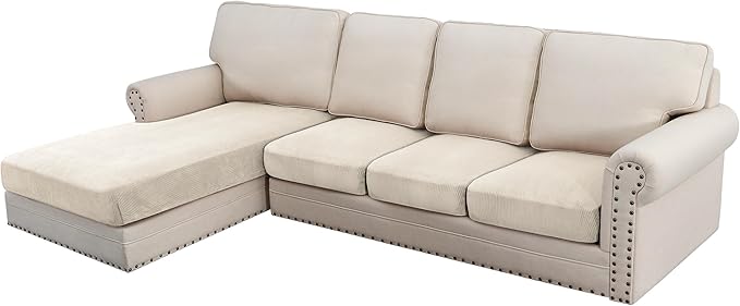 H.VERSAILTEX Velvet Stretch Sectional Couch Covers - 4 Piece Set, L Shape, Ivory Striped (Large Sofa 3 Seater + 1 Chaise) by HVERSAILTEX