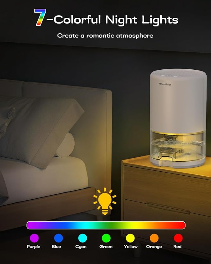 Dehumidifier, 35 oz Small Dehumidifiers for Home, Bathroom, Bedroom, Closet, Ultra-Quiet with Sleep Mode, 7 Color Lights & Auto Shut Off, Compact & Portable for RV, Rooms, Basement, Energy Saving - Image 5