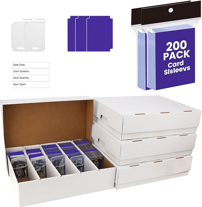 4 PACK Sports Card Box 3940 Count Cardboard Trading Card Storage Box,Bulk Card Storage Baseball Card Box With Soft Sleeves,Dividers&Supporters,Graded card storage box for toploader storage box by EBOAUSI