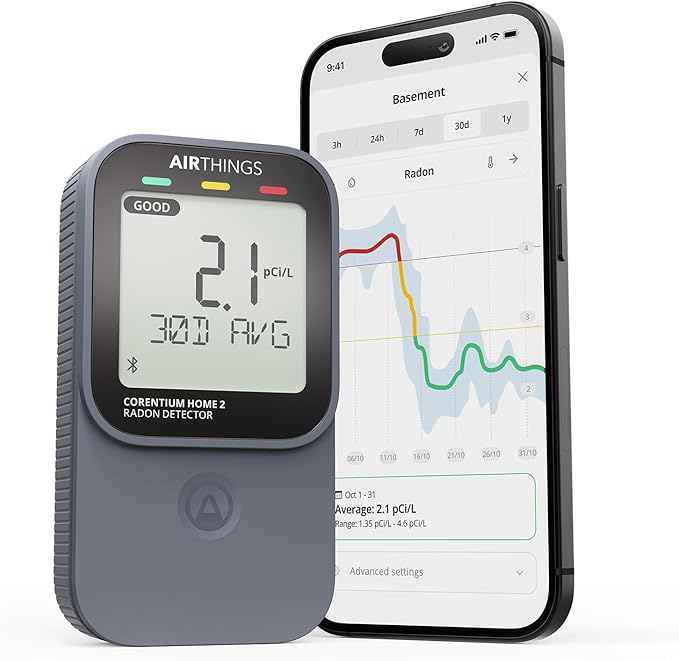 Airthings 325 Corentium Home 2 Smart Digital Radon Detector - Portable and Easy-to-use Radon Testing with Bluetooth connectivity and Humidity & Temperature Sensors by Airthings