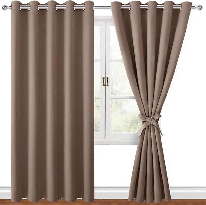 Hiasan Blackout Curtains for Bedroom, 60 x 84 Inches Long - Thermal Insulated & Light Blocking Window Curtains for Living Room, 2 Drape Panels Sewn with Tiebacks, Cappuccino by Hiasan
