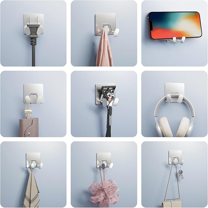 Shower Hooks for Inside Shower - Extra Sticky Stainless, Razor Holder Accessories, Wall Mounted Self-Adhesive Double Hooks for Razor, Loofah, Towel, Shaver, Coat, Key, Silver 6 Pack - Image 4