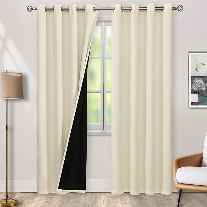 BGment Cream 100% Blackout Curtains for Living Room 84 Inch Length 2 Panels, Thermal Insulated Full Light Blocking Grommet Soundproof Window Drapes for Bedroom with Black Liner, 52 Inch Wide Each by BGment