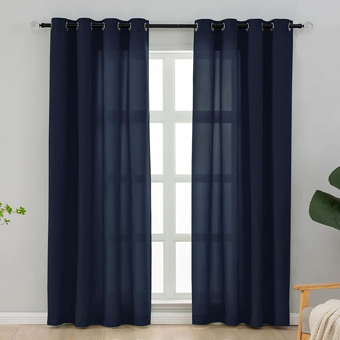 L.Z.E Dark Blue Privacy Curtains 84 Inches Long 2 Panels Set, Light Filtering Curtains for Living Room Bedroom Doorway Divider, Navy Blue Non-See-Through Semi Sheer Window Panels Grommet Top by LZE