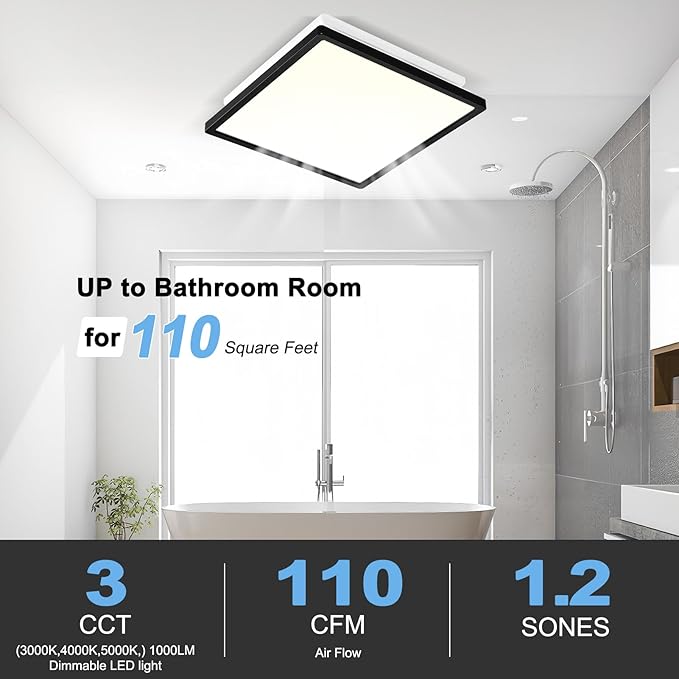 Tech Drive Bathroom Exhaust Fan with Light,110CFM,Super Quiet Bathroom Ventilation Fan,1000lm Dimmable 3CCT LED Light 3000K/4000K/5000K Selectable, Energy Star Bath Fan, Decorative Black Trim - Image 2