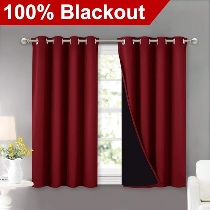 NICETOWN Kitchen Full Blackout Curtain Panels, Super Thick and Soft Insulated Window Covers, 100% Blackout Draperies with Black Backing for Cafe Window (Burgundy Red, Set of 2 PCs, 52 by 45-inch) - Image 2