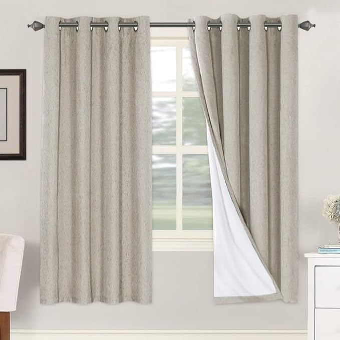 H.VERSAILTEX Linen Blackout Curtains 72 Inches Long 100% Absolutely Blackout Thermal Insulated Textured Linen Look Curtain Draperies Anti-Rust Grommet, Energy Saving with White Liner, 2 Panels, Stone by HVERSAILTEX