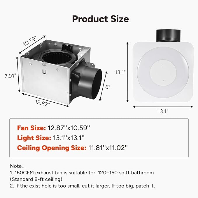 OREiN 3-in-1 Bathroom Exhaust Fan with LED Light & Humidity Sensor, 160 CFM, Auto-On at 60% Humidity, 1500LM, 3000K/4000K/5000K, Night Light, ETL & FCC Certified, Ceiling Opening Size 11.81''x11.02'' - Image 2