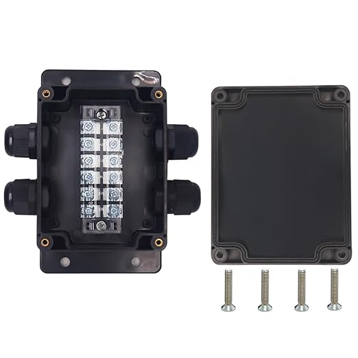 Watertight Junction Box, IP67 Waterproof Electrical Project Box with 6P 25A Barrier Terminals,2 in/2 Out Cable Glands Electronic Enclosure 4.53" x 3.54" x 2.17" by YETLEBOX