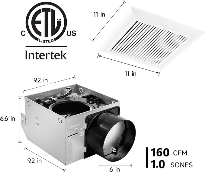 Bathroom Exhaust Fan 160 CFM 1.0 Sone, 6 Inch Duct, Quiet Energy Saving Ventilation Fan, Easy to Install, No Attic Access Needed Ceiling Mounted, White, ETL Certified - Image 4