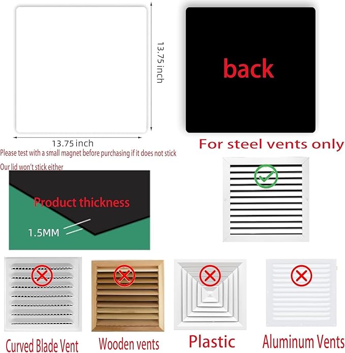 Square Magnetic Vent Covers, Extra Strong Magnets, 13.75" x13.75" (2 Pack), Fits Steel Vents Only, Complete Seal, Air Vent Covers for Home Ceiling, Wall Registers, HVAC, AC, and Heater (13.75IN) - Image 2