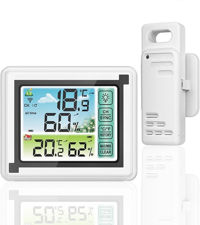 Indoor Outdoor Thermometer Hygrometer Wireless Remote Weather Stations, Humidity Monitor Battery Powered Digital Temperature Gauge with 60m/200ft Range Remote Sensor and Adjustable Backlight by MONYEES