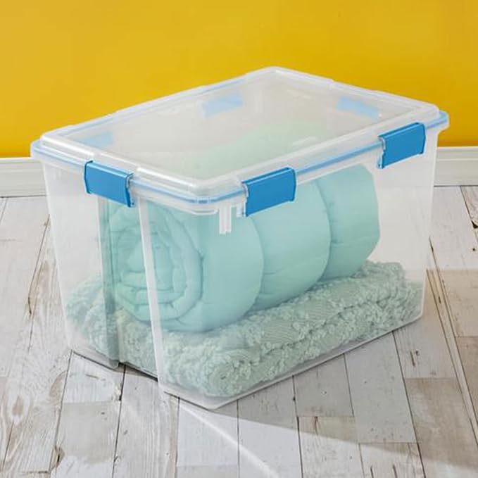 Sterilite 80 Qt Gasket Box, Stackable Storage Bin with Latching Lid and Tight Seal, Plastic Container to Organize Basement, Clear Base and Lid, 1-Pack - Image 9