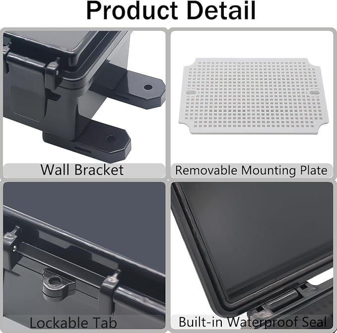 Junction Box, Hinged Black Cover IP67 Waterproof ABS Project Box with Mounting Plate Electrical Box Enclosure with Wall Bracket 7.1 x 5.1 x 3.5inch(180x130x90mm) - Image 4