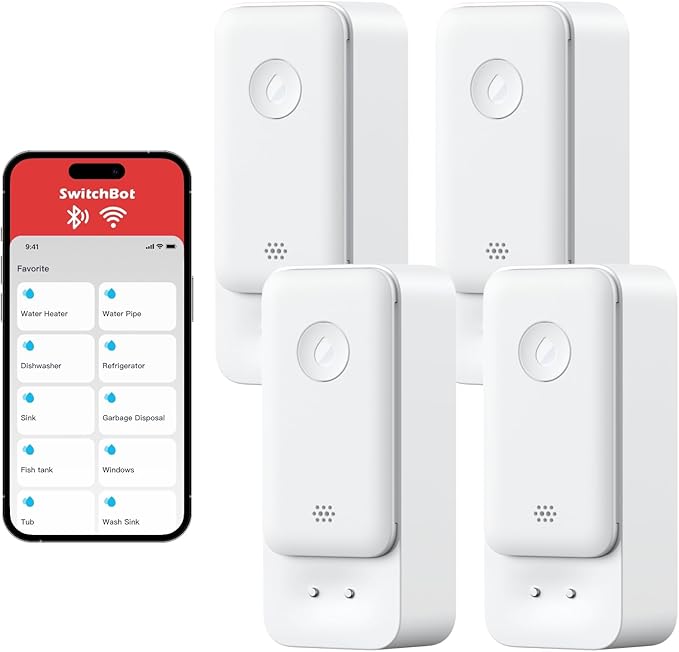 SwitchBot Smart Water Leak Detector, 100dB Adjustable Alerts & App Alerts, IP67 Waterproof, Water Sensor for Kitchen, Bathroom, Basement, No Hub Required (Support 2.4G) (White, Pack, 4) by SwitchBot