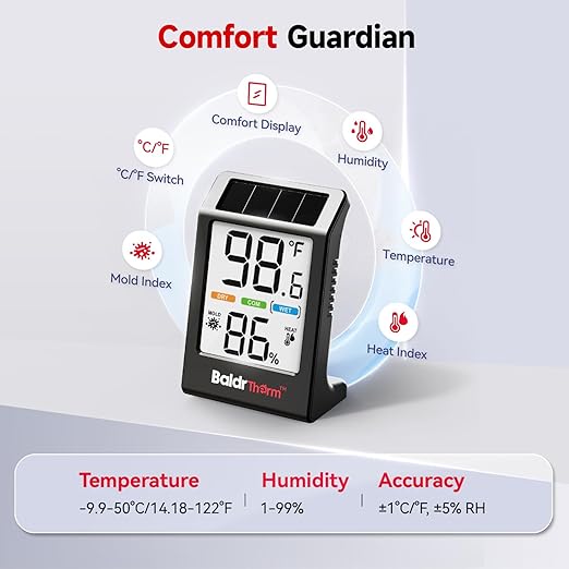 BaldrTherm Room Thermometer Indoor Humidity Meter, Solar-Powered 3.2'' Digital Temperature Sensor Monitor with 5-Comfort Indicator for Baby, Home, Office, Black, 3Pack - Image 8