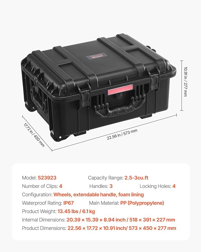 VEVOR Weatherproof Hard Case, Heavy Duty Protective Dry Box with Pre-Cut Foam, Wheels & Retractable Pull Handles for Travel, Hunt, Military, Tactical, IP67 Waterproof Case for Cameras(57x45x28) - Image 7