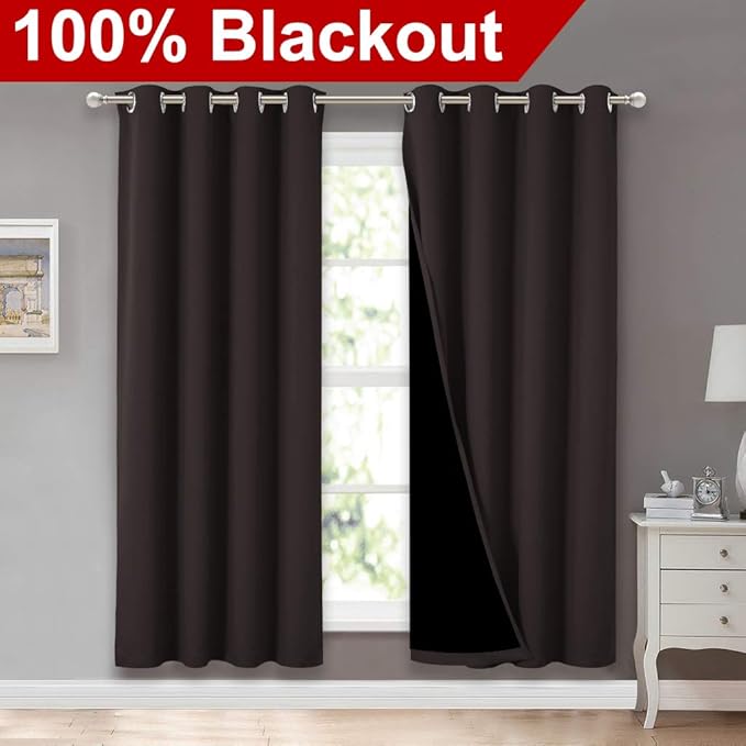 NICETOWN 100% Blackout Window Curtain Panels, Full Light Blocking Drapes with Black Liner for Nursery, 72 inches Drop Thermal Bedroom Drapes and Curtains (Brown, 2 Pieces, 52 inches Wide Per Panel) - Image 2