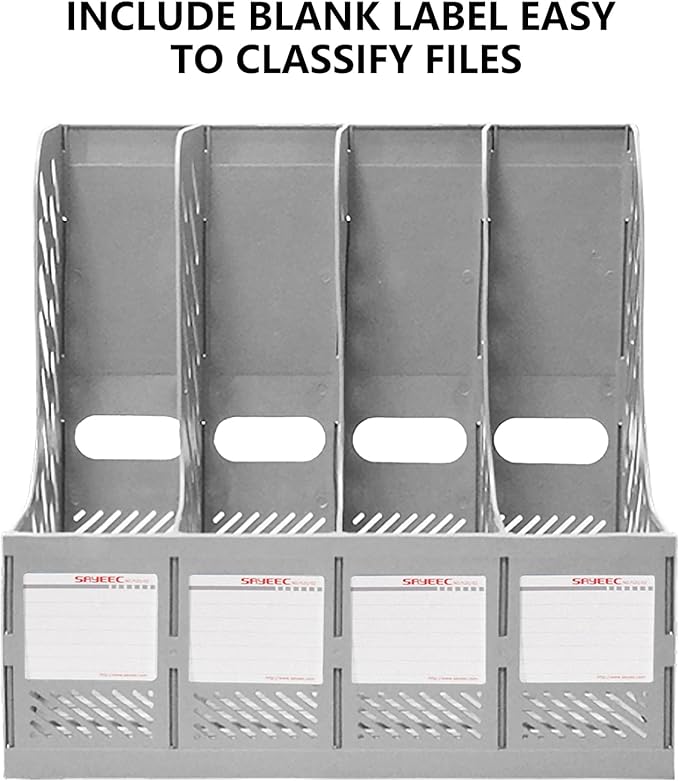 SAYEEC Magazine File Holder, Plastic Desktop File Folder Organizer with 4 Large Compartments, Vertical Desk Binder Organizer Office Organization and Storage File Holder for Desk, School, Home (Grey) - Image 5