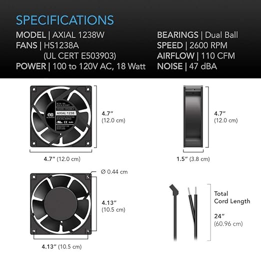AC Infinity AXIAL 1238W, Muffin Fan, 120V AC 120mm x 38mm High Speed, for DIY Cooling Ventilation Exhaust Projects - Image 6