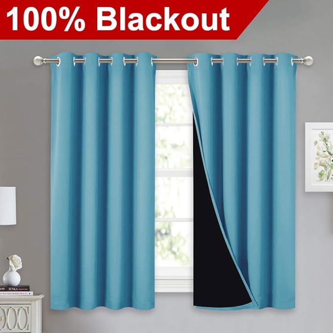 NICETOWN 100% Blackout Curtains with Black Liners, Thermal Insulated Full Blackout 2-Layer Lined Drapes, Energy Efficiency Window Draperies for Boy's Room (Teal Blue, 2 Panels, 52-inch W by 54-inch L) - Image 2