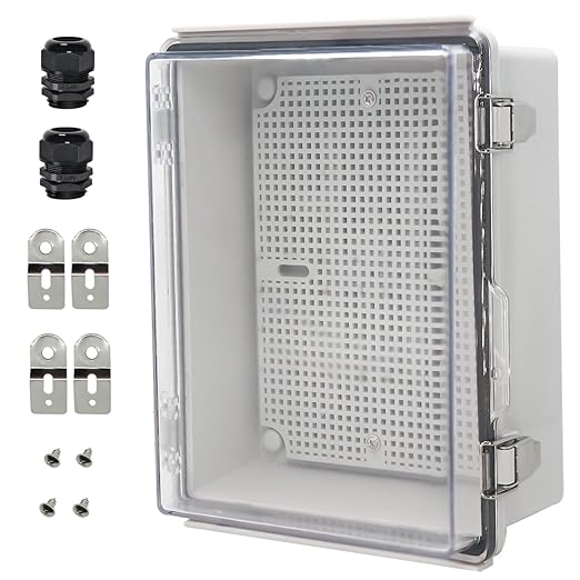 Zulkit Junction Box IP67 Waterproof Electrical Box Hinged Clear Cover Stainless Steel Latch Plastic Enclosure for Project w Mounting Plate Wall Bracket and 2 Cable Gland 8.7"x6.7"x4.3"/220x170x110mm by Zulkit