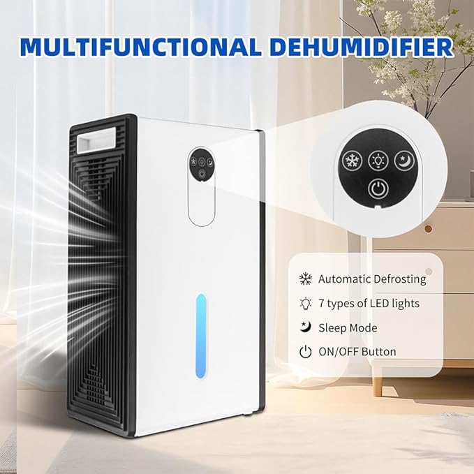 Dehumidifier for 1076 sq.ft,Quiet Portable Moisture Absorber with Auto Shut Off,Auto Defrost,72 OZ Water Tank,Drain Hose,7 Color LED Light,Sleep Mode for Basement Home Bedroom Bathroom RV - Image 5