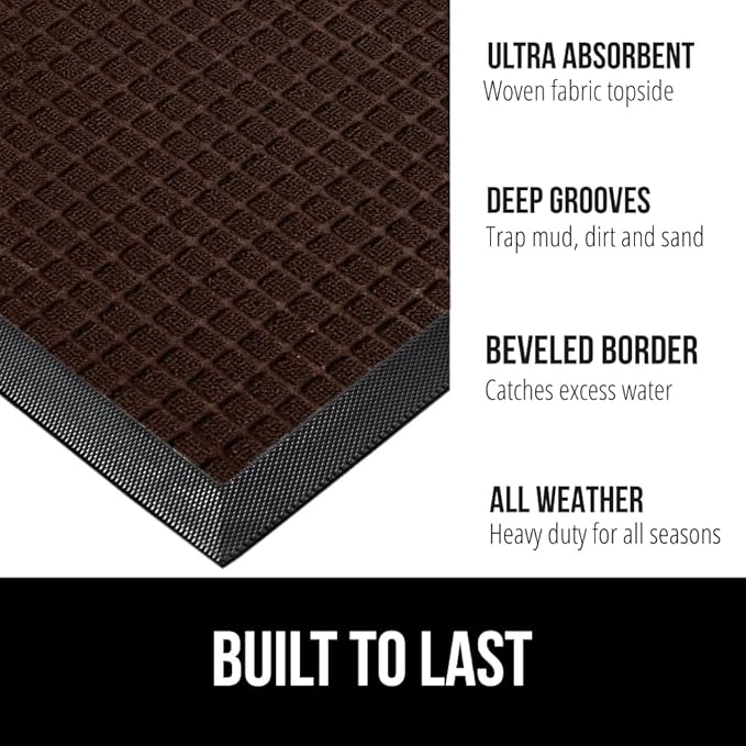 GORILLA GRIP 100% Waterproof All-Season WeatherMax Doormat 35x23, US Designed Natural Rubber, Stain and Fade Resistant, Low Profile Indoor Outdoor Door Mats, Easy Clean Patio Mat, Coffee Squares - Image 2