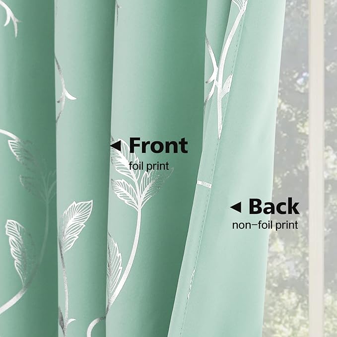 BUHUA Blackout Curtains 96 Inches Long, Vine Foil Print Pattern Room Darkening Curtain, Living Room Curtains & Drapes, Thermal Insulated Window Panel Set, 52 x 96 Inch, Aqua - Image 3