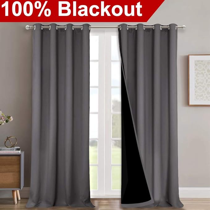 NICETOWN 100% Blackout Blinds, Laundry Room Decor Window Treatment Curtains for Large Patio Sliding Door, Thermal Insulated Grey Curtains for Bedroom, Set of 2, 52 inches x 108 inches - Image 2