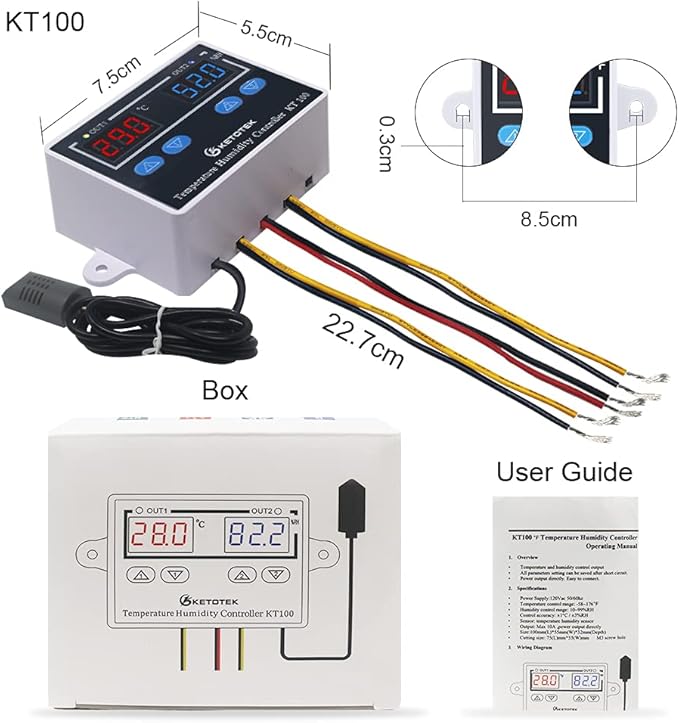 KETOTEK KT100 Humidity Temperature Controller 120V 10A Fahrenheit Digital Thermostat Humidistat Control Switch Direct Output with 1.5m Temperature Humidity Sensor - Image 7