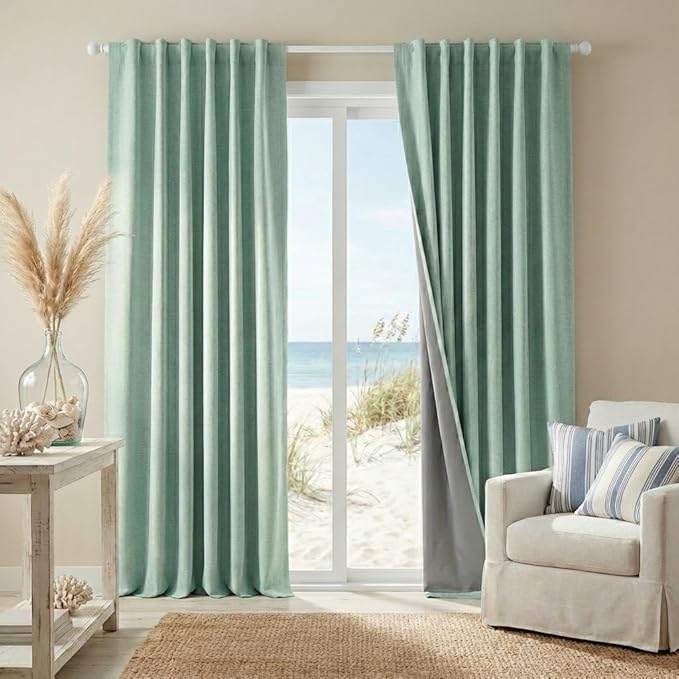 RYB HOME 100% Blackout Linen Textured Curtains 84 inches Long, Thermal Insulating Privacy Energy Saving for Bedroom Living Room Window Office Theater Baby Nursery, W 52 x L 84 in, Aqua, 2 Panels by RYBHOME